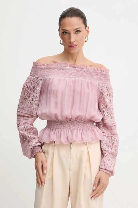Guess bluză din amestec de matase AUDREY culoarea roz, cu imprimeu, W5GH0S WE550