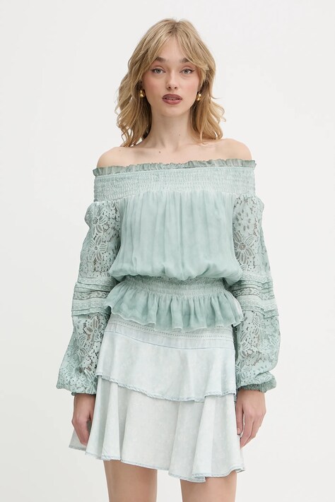 Guess bluzka z domieszką jedwabiu AUDREY damska kolor turkusowy wzorzysta W5GH0S WE550