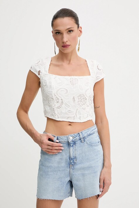 Guess blúz pamutból DOMITILLE fehér, sima, W5GH65 WH521