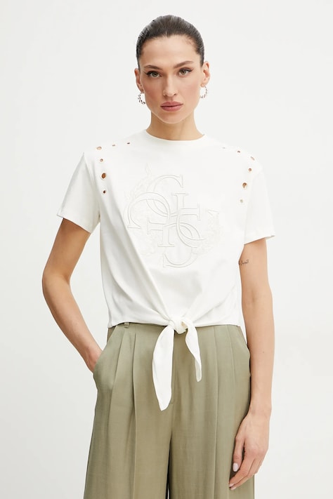 Bavlnené tričko Guess EYELET dámske, béžová farba, W5GI18 I3Z14