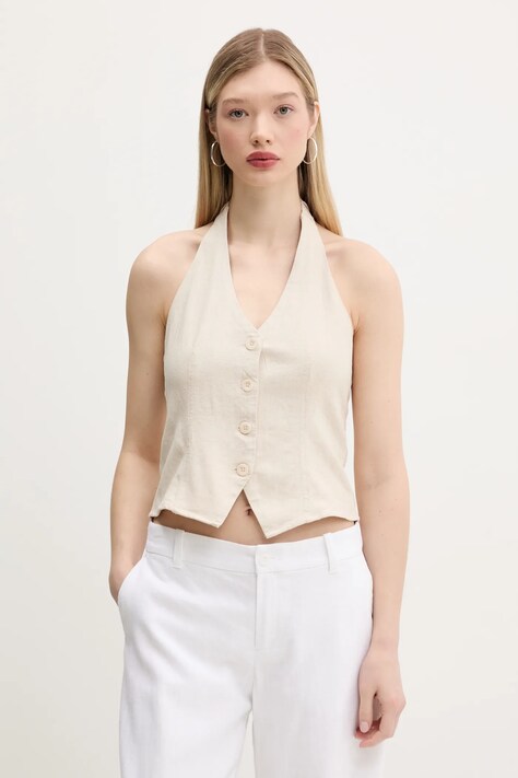 Ľanová vesta Hollister Co. dámske, béžová farba, jednoradová, KI340-5071