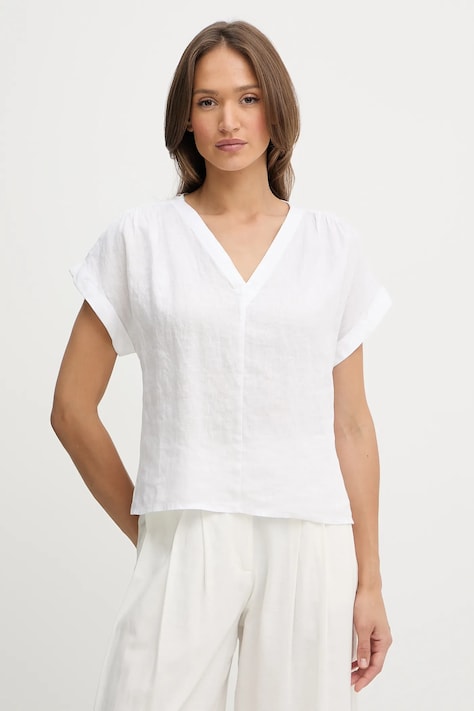 Lněná halenka United Colors of Benetton dámská, bílá barva, hladká, 5BMLDQ0BR