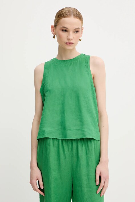 Льняная блузка United Colors of Benetton цвет зелёный однотонная 5BMLDQ0BU