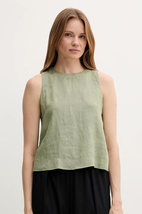Lněná halenka United Colors of Benetton dámská, zelená barva, hladká, 5BMLDQ0BU