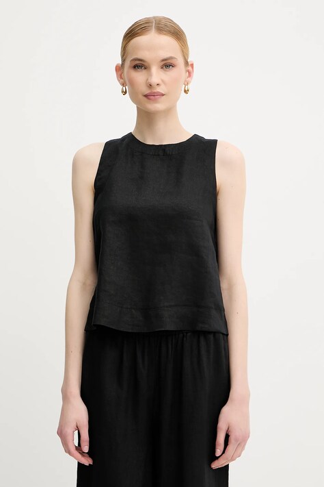 United Colors of Benetton bluză din in culoarea negru, uni, 5BMLDQ0BU
