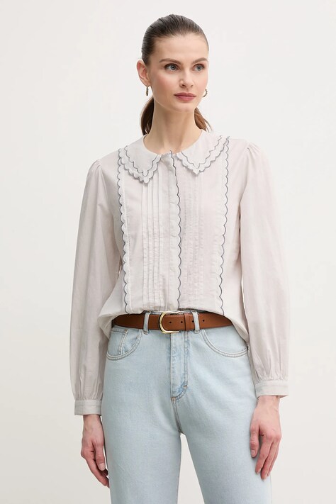 Hoss Intropia camasa din bumbac femei, culoarea gri, cu guler clasic, regular, 6289130