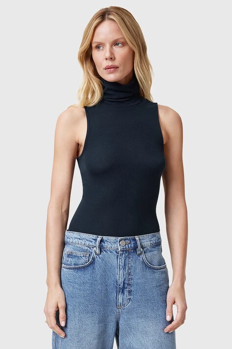 AllSaints top BEC ROLL femei, culoarea albastru marin, cu guler, W004JC
