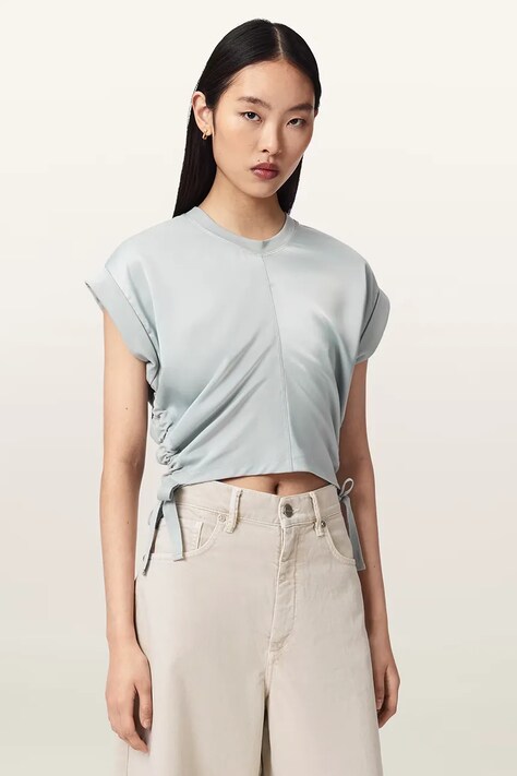 AllSaints bluzka damska MIRA SATIN niebieska gładka W054JC