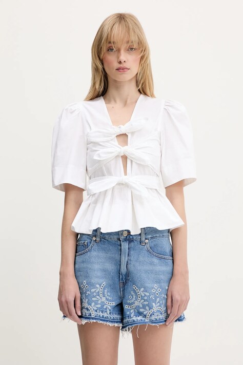 GANNI bluză Washed Stretch Cotton Tie Strap culoarea alb, uni, W0309