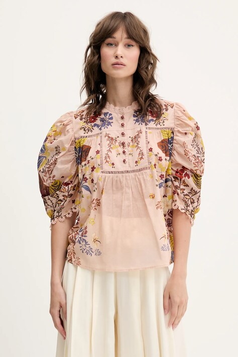 Памучна блуза Farm Rio дамска в оранжево с десен 329139