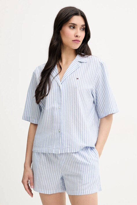 Pyžamo ze lněné směsi Tommy Hilfiger modrá barva, UW0UW05799