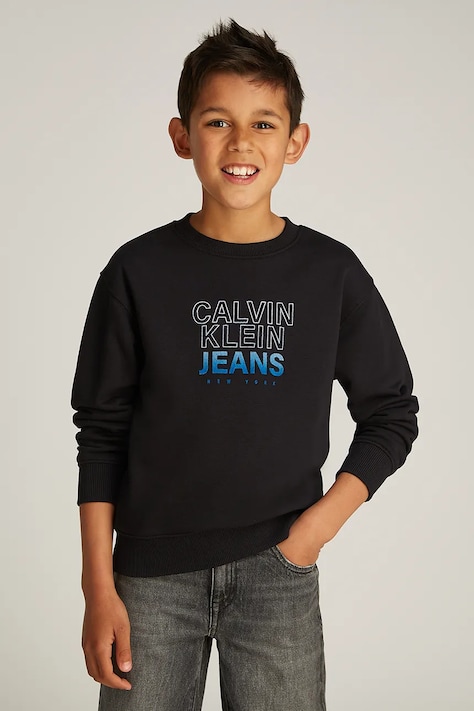 Detská mikina Calvin Klein Jeans čierna farba, s potlačou, IB0IB02376