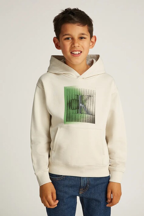 Детски памучен суичър Calvin Klein Jeans 0 в бежово с качулка с принт IB0IB02380