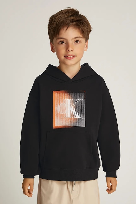 Dětská bavlněná mikina Calvin Klein Jeans 0 černá barva, s kapucí, s potiskem, IB0IB02380