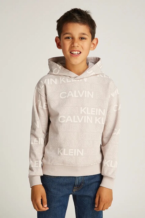 Детски памучен суичър Calvin Klein Jeans 0 в бежово с качулка с десен IB0IB02381