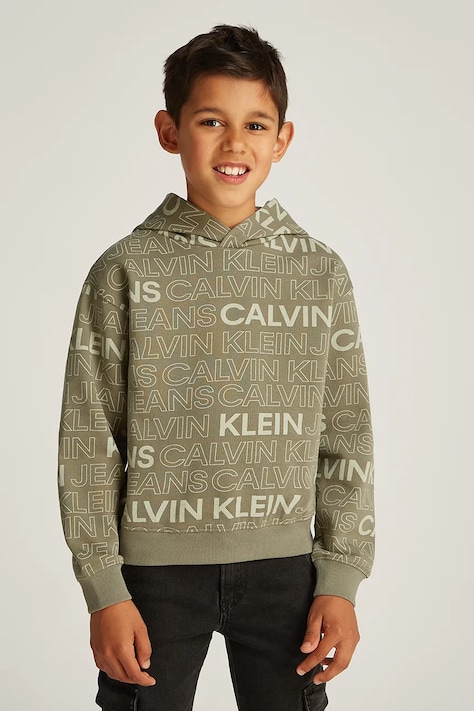 Детски памучен суичър Calvin Klein Jeans 0 в зелено с качулка с десен IB0IB02381