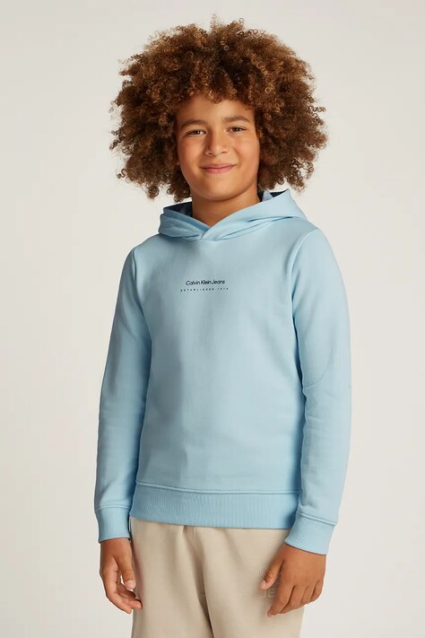 Dětská mikina Calvin Klein Jeans modrá barva, s kapucí, s potiskem, IB0IB02383