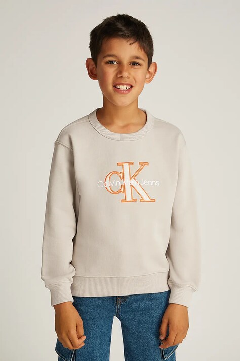 Dětská mikina Calvin Klein Jeans béžová barva, s potiskem, IB0IB02411