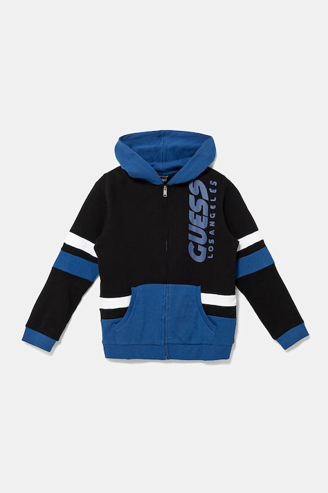 Детски памучен суичър Guess в синьо с качулка с десен L5RQ02 KA6R4
