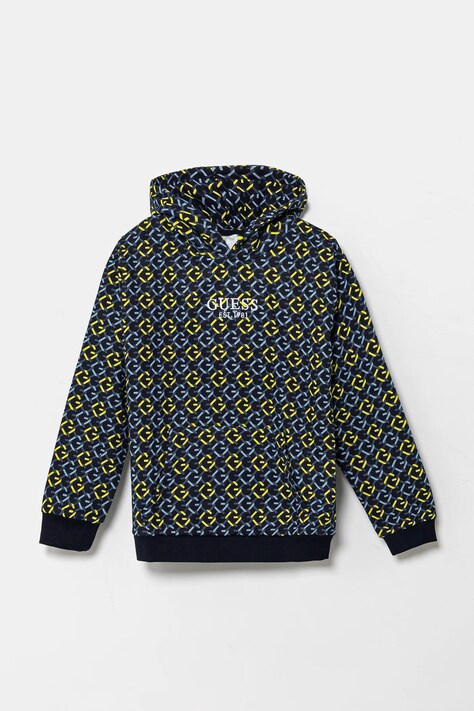 Guess hanorac de bumbac pentru copii culoarea bleumarin, cu glugă, cu imprimeu, L5RQ05 KA6R4