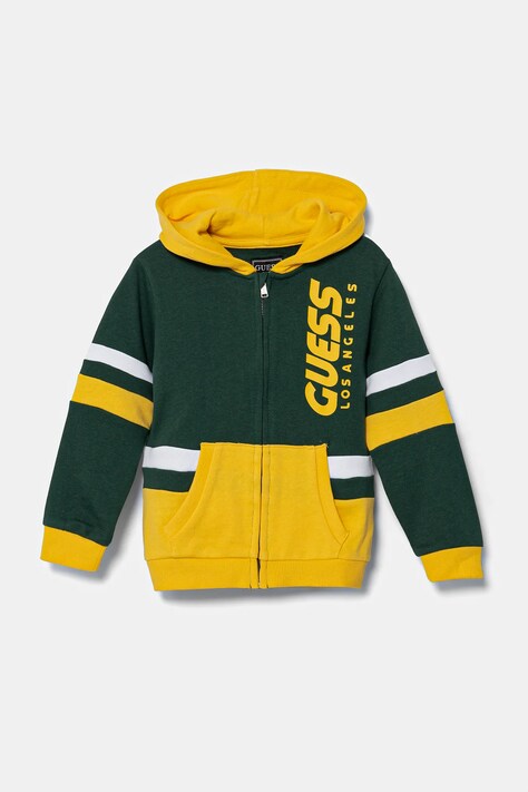 Dětská bavlněná mikina Guess žlutá barva, s kapucí, s potiskem, N5RQ02 KA6R4
