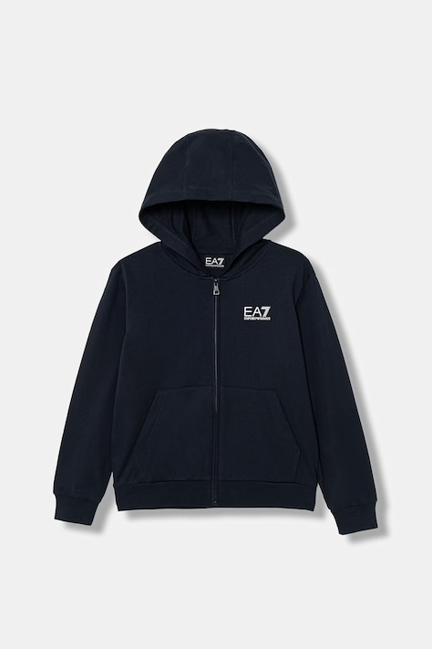 EA7 Emporio Armani bluza bawełniana dziecięca kolor granatowy z kapturem z nadrukiem 7B000064 AF10380
