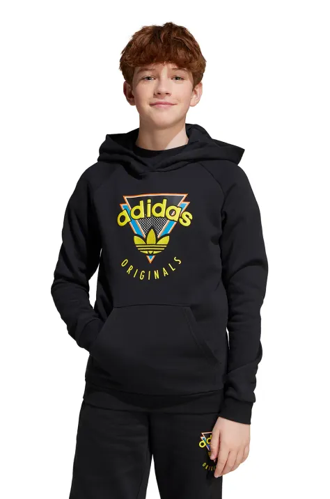 Detská mikina adidas Originals čierna farba, s kapucňou, s potlačou, JN7023