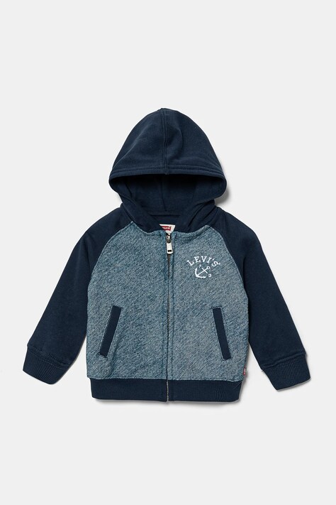 Kojenecká mikina Levi's TROMPE LOEIL DENIM HOODIE tmavomodrá barva, s kapucí, vzorovaná, 6EM394