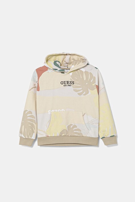Guess hanorac de bumbac pentru copii culoarea bej, cu glugă, cu imprimeu, L5GQ03 KA6R4