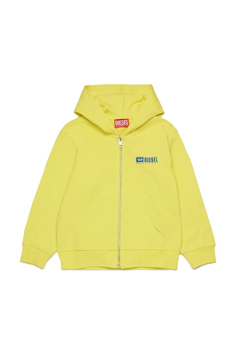 Diesel hanorac de bumbac pentru copii SVOUGZIP OVER SWEAT-SHIRT culoarea galben, cu glugă, cu imprimeu, J02039