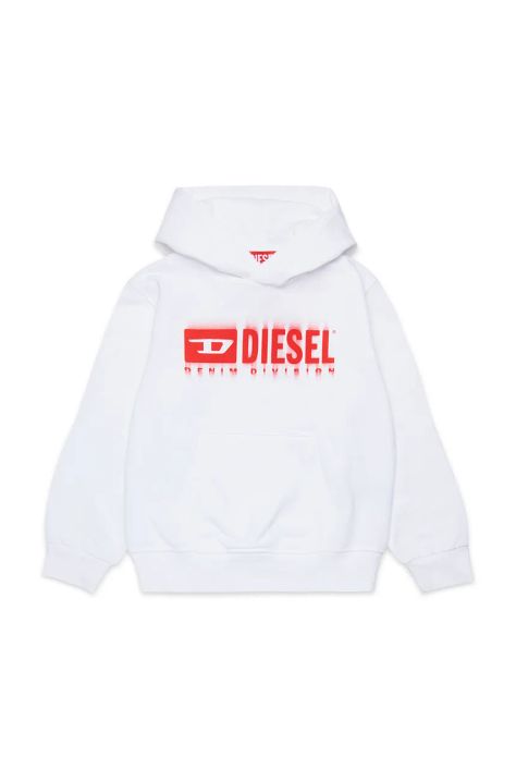 Detská bavlnená mikina Diesel SGINNHOODL5 OVER SWEAT-SHIRT biela farba, s kapucňou, s potlačou, J02042