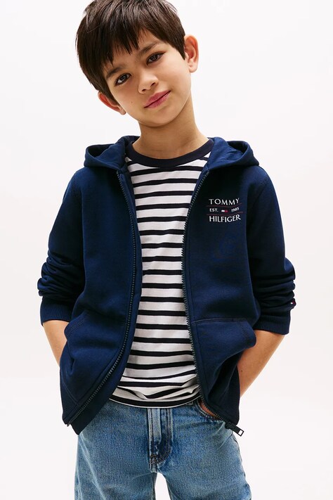 Dětská mikina Tommy Hilfiger tmavomodrá barva, s kapucí, s potiskem, KB0KB09568