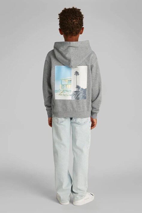 Dětská bavlněná mikina Calvin Klein Jeans šedá barva, s kapucí, hladká, IB0IB02468