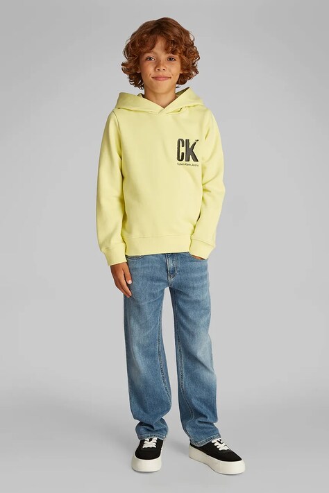 Dětská bavlněná mikina Calvin Klein Jeans žlutá barva, s kapucí, s potiskem, IB0IB02469