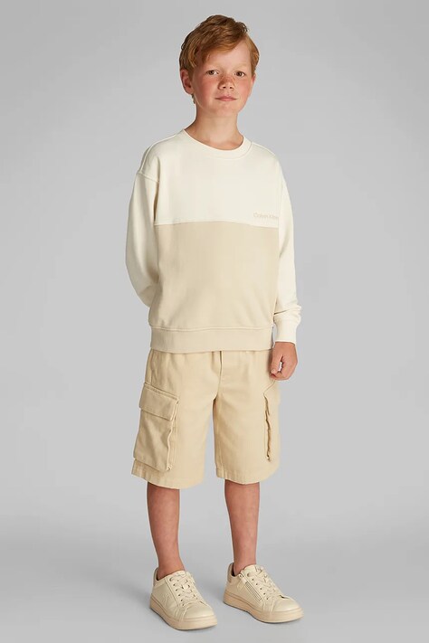 Dětská bavlněná mikina Calvin Klein Jeans béžová barva, hladká, IB0IB02470
