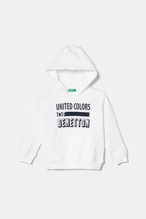 Dětská bavlněná mikina United Colors of Benetton bílá barva, s kapucí, s potiskem, 3J68G2011