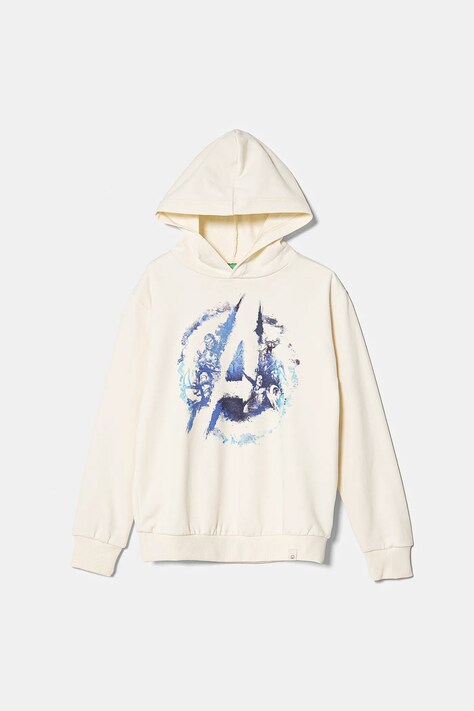 Dětská bavlněná mikina United Colors of Benetton x Marvel béžová barva, s kapucí, s potiskem, 3PQMC204F