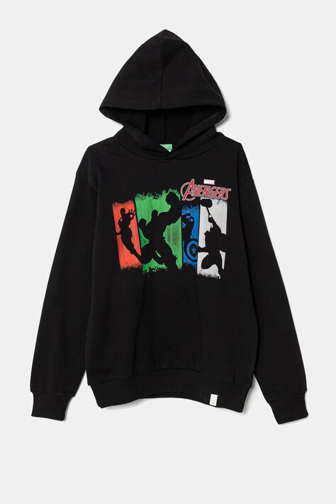 Dětská bavlněná mikina United Colors of Benetton x Marvel černá barva, s kapucí, s potiskem, 3PQMC204F