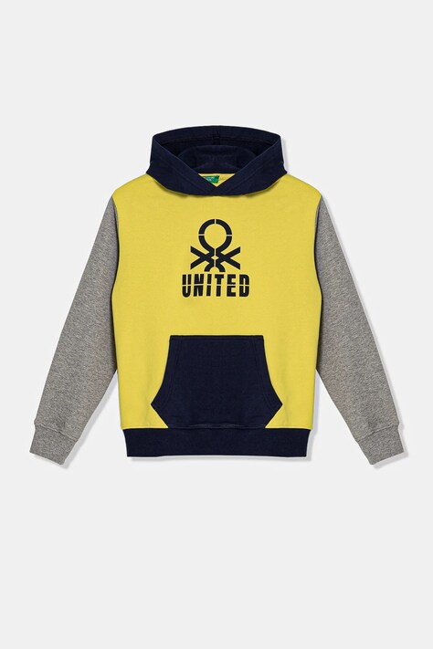 Dětská bavlněná mikina United Colors of Benetton žlutá barva, s kapucí, s potiskem, 3UNIC204R