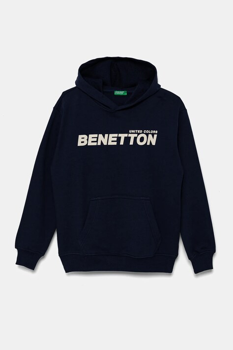Dětská bavlněná mikina United Colors of Benetton tmavomodrá barva, s kapucí, s potiskem, 3UNIC204R