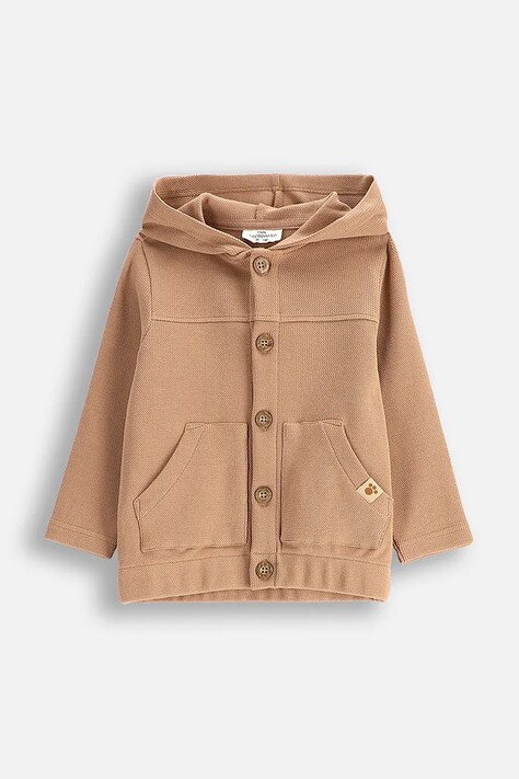 Хлопковая кофта для младенцев Coccodrillo цвет бежевый с капюшоном однотонная MONOCHROME BOY NEWBORN