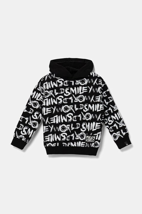 United Colors of Benetton hanorac de bumbac pentru copii culoarea negru, cu glugă, cu imprimeu, 34GTC204K