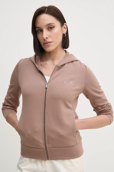 Calvin Klein bluză femei, culoarea maro, cu glugă, cu imprimeu, K20K207955