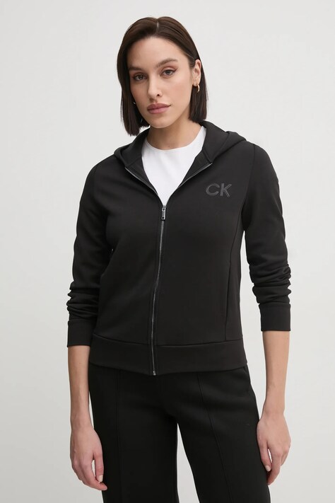 Calvin Klein bluză femei, culoarea negru, cu glugă, cu imprimeu, K20K207955