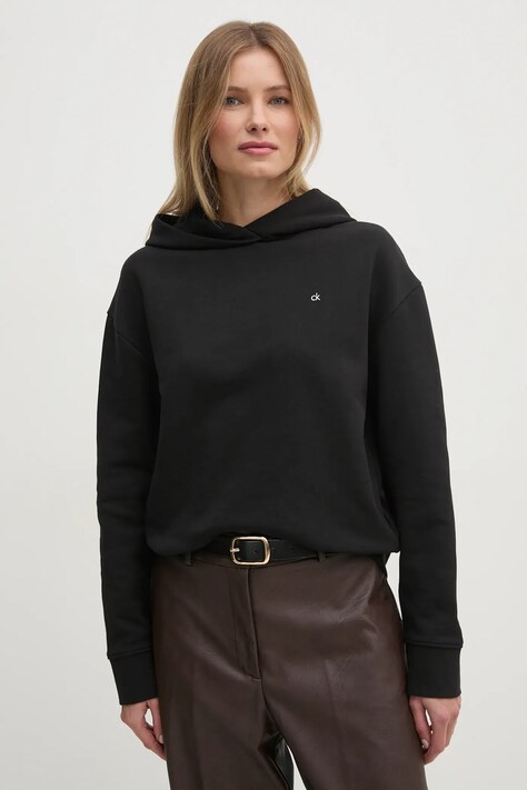 Calvin Klein hanorac de bumbac femei, culoarea negru, cu glugă, cu imprimeu, K20K208126
