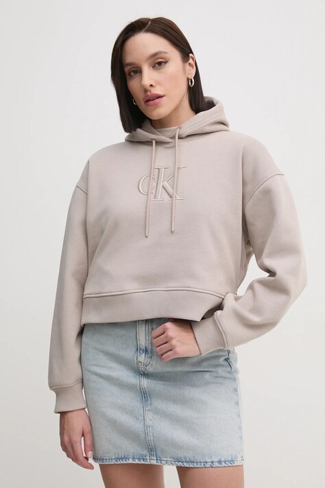 Calvin Klein Jeans bluza femei, culoarea bej, cu glugă, cu imprimeu, J20J224718