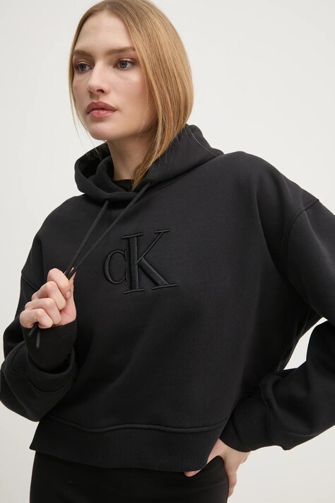 Calvin Klein Jeans bluza damska kolor czarny z kapturem z aplikacją J20J224718