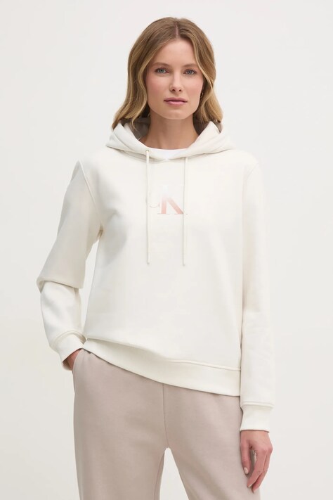 Mikina Calvin Klein Jeans dámská, béžová barva, s kapucí, s potiskem, J20J224721