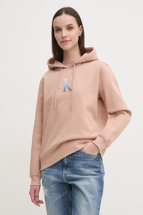 Calvin Klein Jeans bluza femei, culoarea portocaliu, cu glugă, cu imprimeu, J20J224721