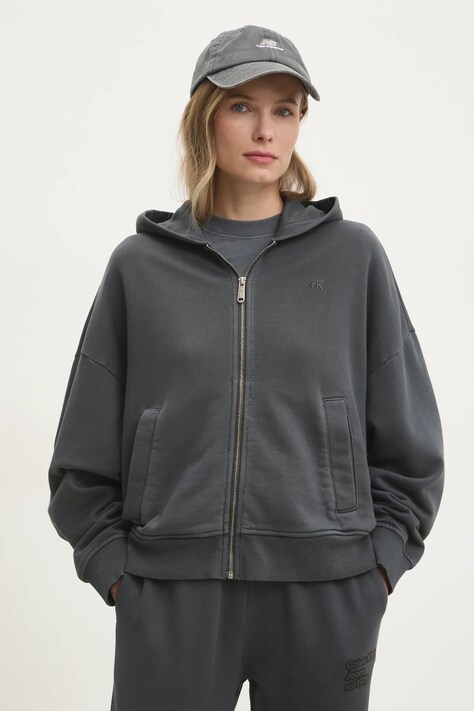 Calvin Klein Jeans hanorac de bumbac femei, culoarea gri, cu glugă, uni, J20J224733